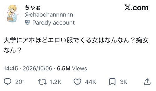 【悲報】大学生「大学にこういう格好で来る女なんなん？」