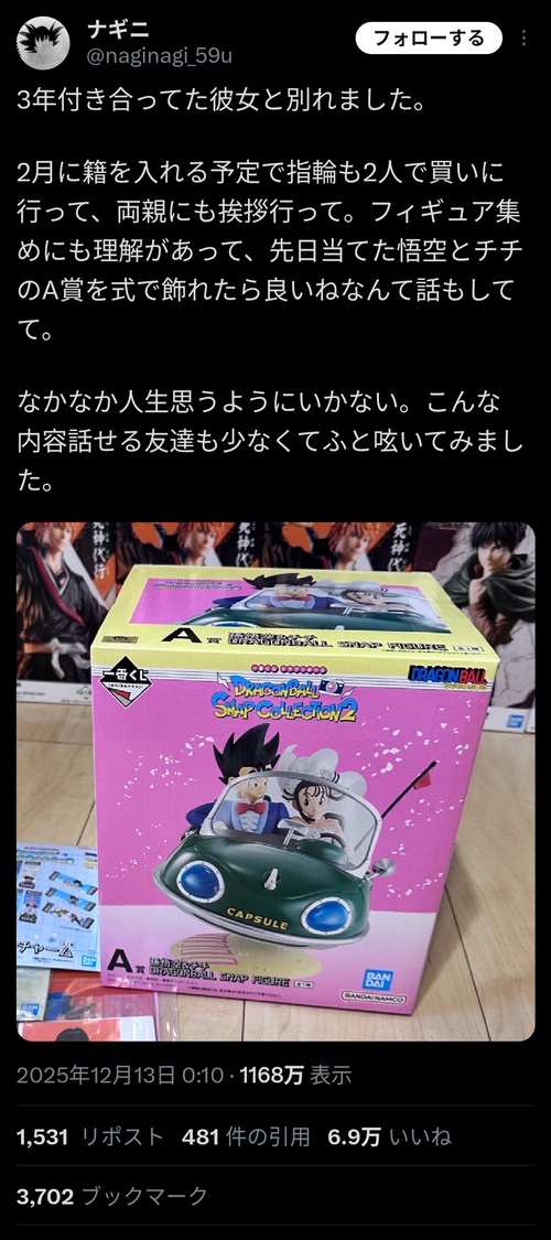 【悲報】フィギュアオタク「結婚予定だった彼女にフラれた。ドラゴンボールのフィギュアも式で飾ろうと話してたのになぜ…」