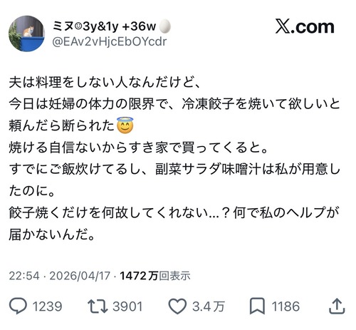 【悲報】X民達、もうめちゃくちゃ「日本人男性が冷凍餃子を焼けないのは女が悪い。焼き方を教えてない。会社なら大問題だ」