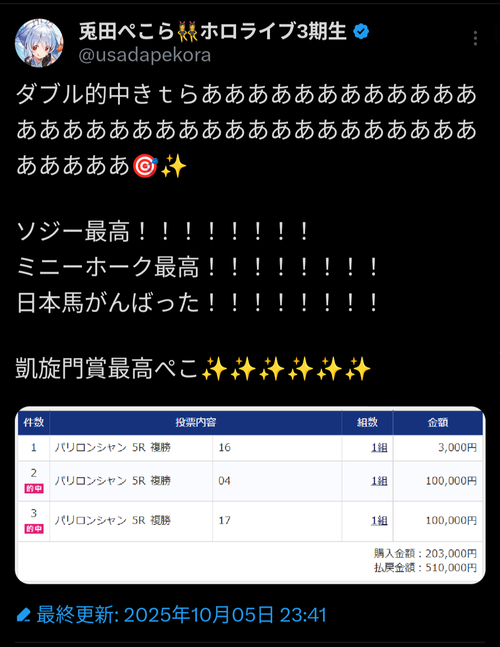 【朗報】人気VTuberさん、凱旋門賞の予想をみごと的中させ50万円を手にするwwwww