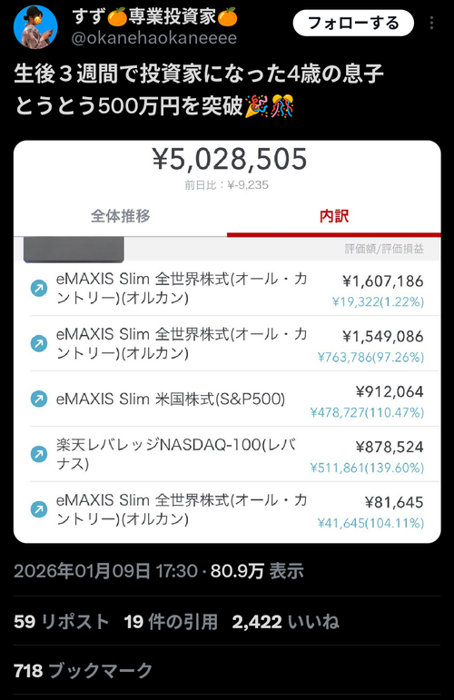 【朗報】投資家ママさん「生後3週間で投資家になった息子。4歳で500万突破！」