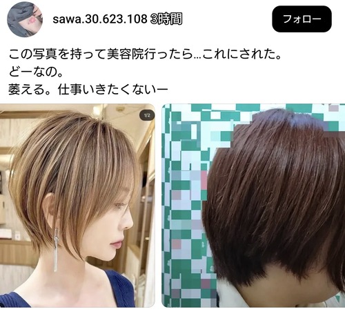 【悲報】女さん「この写真持って美容院に行ったらこれにされた。萎える」