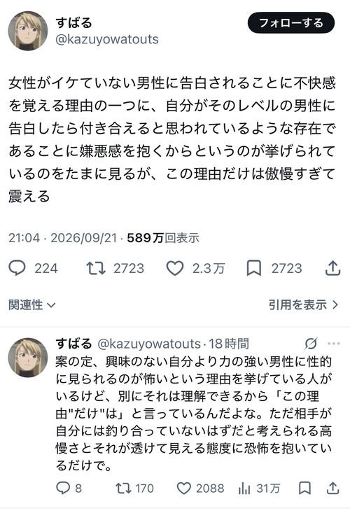 【悲報】女さんがよく言う「このレベルの男にイケると思われたのか…」を男女逆にしてみた結果ｗｗｗｗ