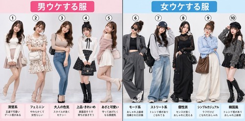 【画像】「男ウケする服」と「女ウケする服」、全く違うことが判明するｗｗｗｗ