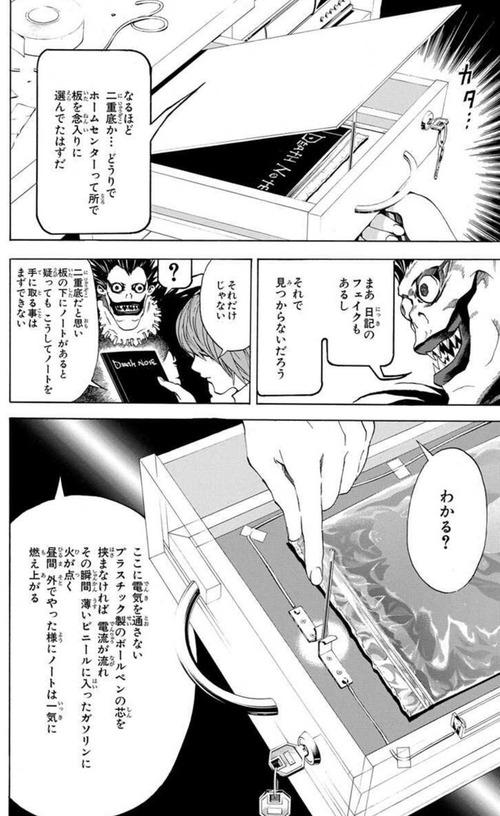 【画像】デスノート「二重底でノートを隠す。仮に二重底がバレてもビニールに入れたガソリンに引火してノートを燃やすから安全」←これｗｗｗｗ