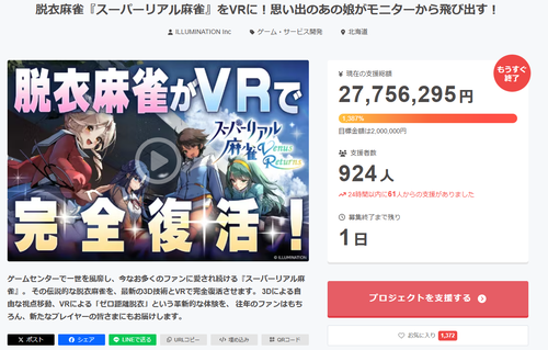 【朗報】伝説的な脱衣麻雀ゲーム、クラファンが目標金額の14倍集まるｗｗｗｗ