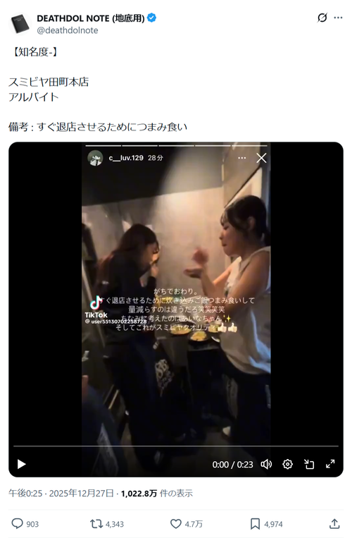 【炎上】飲食バイト女さん、客を帰らせるためにつまみ食いする動画を投稿→炎上して臨時休業へｗｗｗｗ