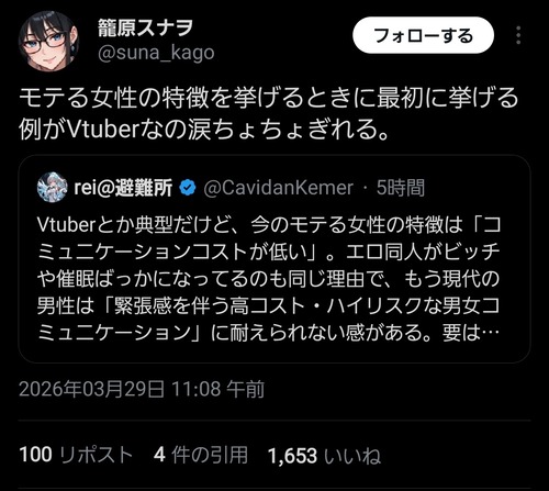 【悲報】オタク「VTuberとか典型だけどモテる女の特徴は～」アニメアイコン「モテる女の例がVTuberなんだ……」