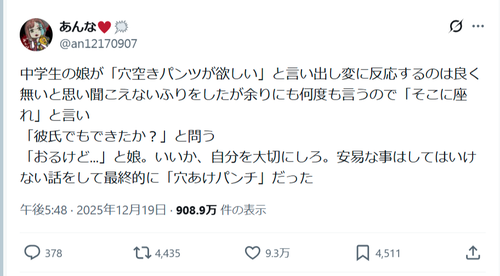 【悲報】中学生の娘「穴空きパンツが欲しい」→親御さんをびっくりさせてしまうｗｗｗｗ
