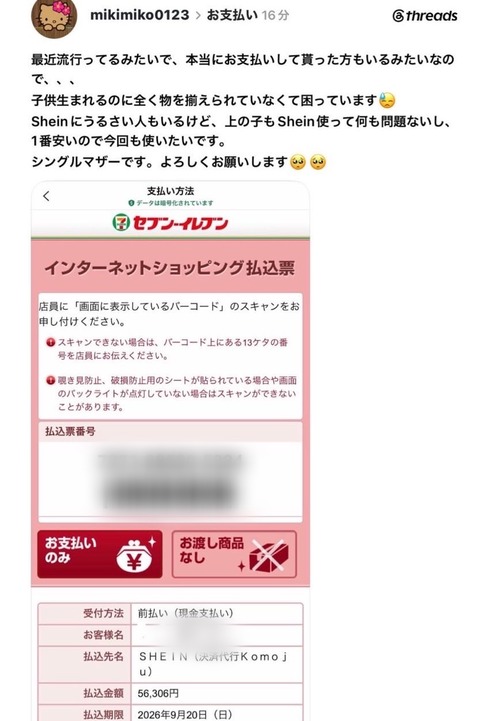【悲報】シンママ「流行ってるみたいなので、SHEINで買った服代払ってもらえませんか…？」