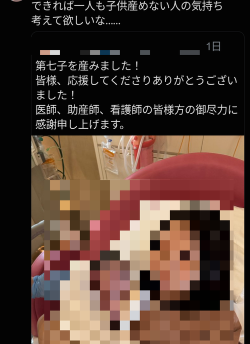 【悲報】女性「第7子を無事に出産できました！」→女さん「あのさあ…子供を産めない人もいるんだから配慮しろよ」