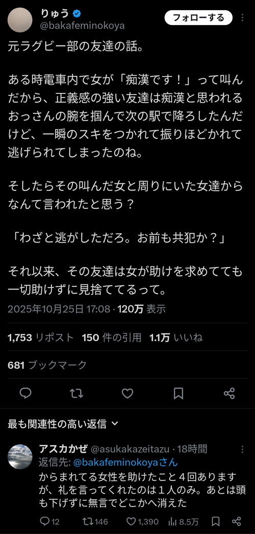 【悲報】痴漢被害の女を助けた男さん、あまりにも理不尽な言葉を浴びせられてしまうｗｗｗｗ
