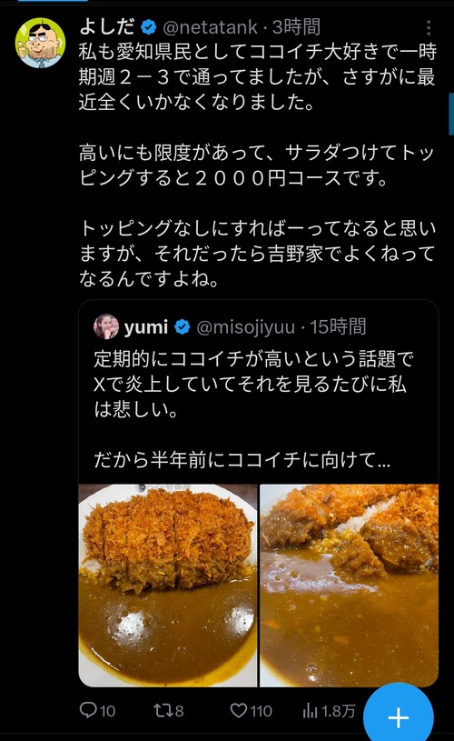 【悲報】大物YouTuber、ココイチに行かなくなった理由を吐露するｗｗｗｗ