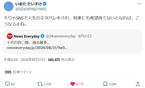 【悲報】X民「今の若者はSNSで人生のネタバレをされて、将来に希望持てないとこうなるよね」