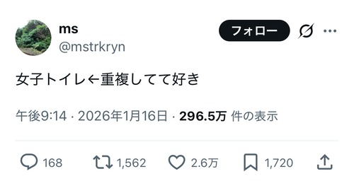 【悲報】X民「女子トイレ←重複してて好き」2.6万ｲｲﾈｗｗｗｗ