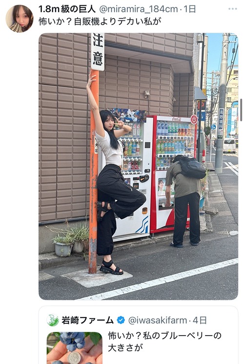 【画像】巨人系女子「怖いか？自販機よりデカい私が」(ﾊﾟｼｬｯ