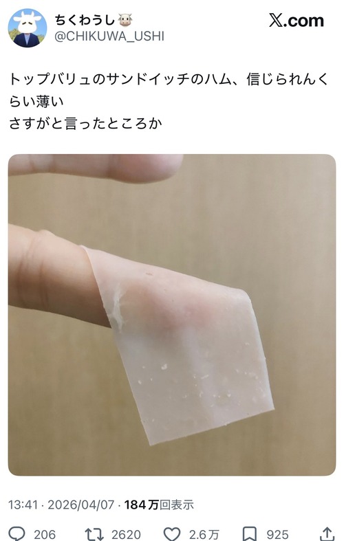 【画像】ハムサンドのハム、限界突破する。逆に凄くて草ｗｗｗｗ