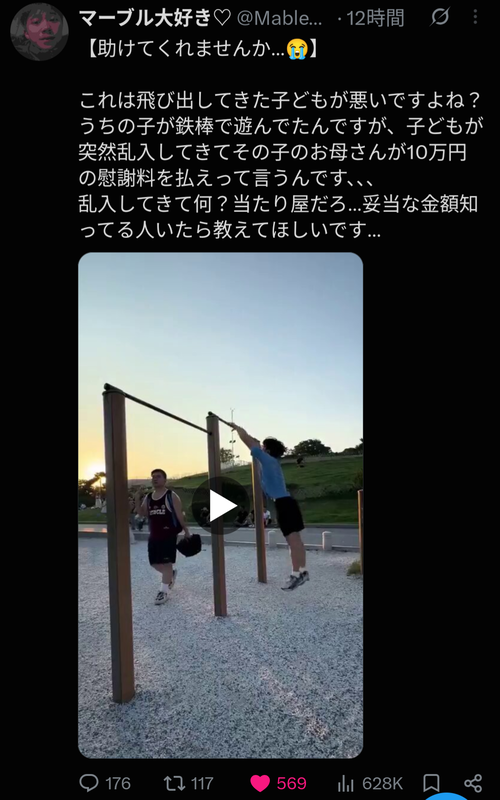【悲報】親御さん「助けて！息子が鉄棒で遊んでたら他の子がぶつかってきたの！これ息子が悪いの？」