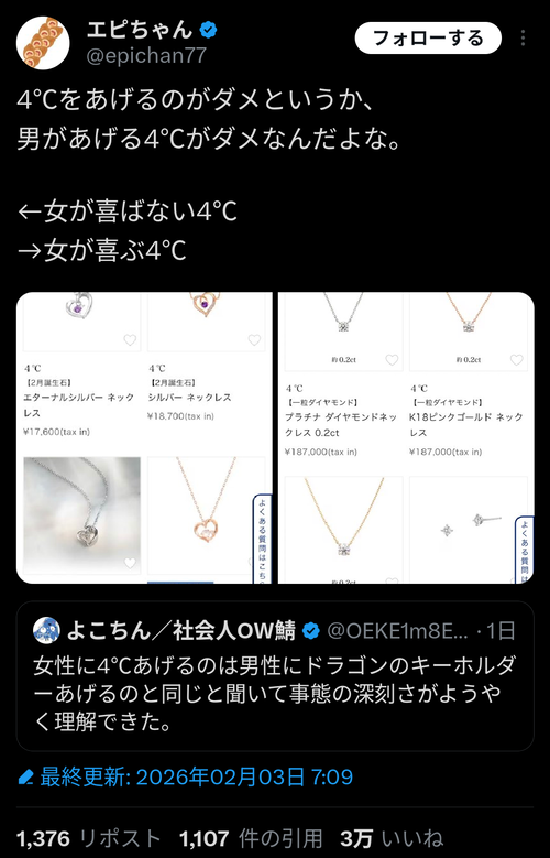 【悲報】女子「4℃がプレゼントでも良いよ。ただしお前らの思ってるのじゃなく『こっち』なｗ」