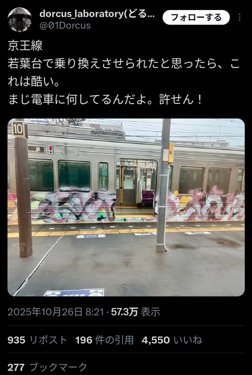 【悲報】電車、ぐちゃぐちゃに落書きされて止まる。お前らの想像の23倍ぐちゃぐちゃwwww