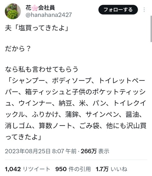 【悲報】夫「塩買ってきたよ」嫁「…だから？なら私はもっと買っているんだが」