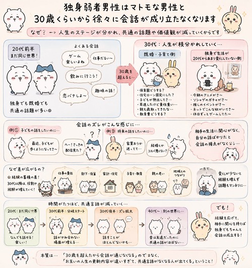 【悲報】独身弱者男性、30歳あたりから普通以上男性と共通項がなくなり会話が成り立たないｗｗｗｗ