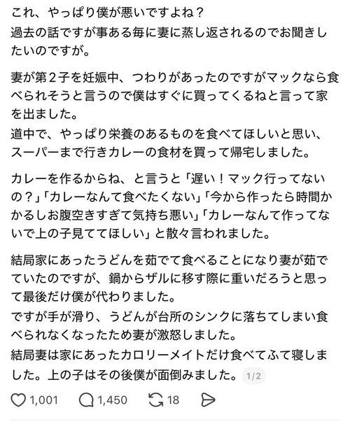 【悲報】夫「妊娠中の妻にカレーを作ろうとしたら怒られました。これって僕が悪いの？」→大激論にｗｗｗｗ