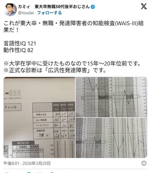 【画像】発達障害の東大卒おじさん「これが知能検査の結果だ！」ﾄﾞﾝｯ！