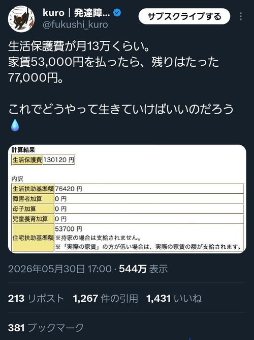 【悲報】生活保護の現実、あまりにも厳しすぎる「たった月77000円。どうやって生きていけば…」
