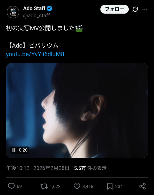 【速報】Ado、初の「実写MV」公開で顔出し解禁へｗｗｗｗ