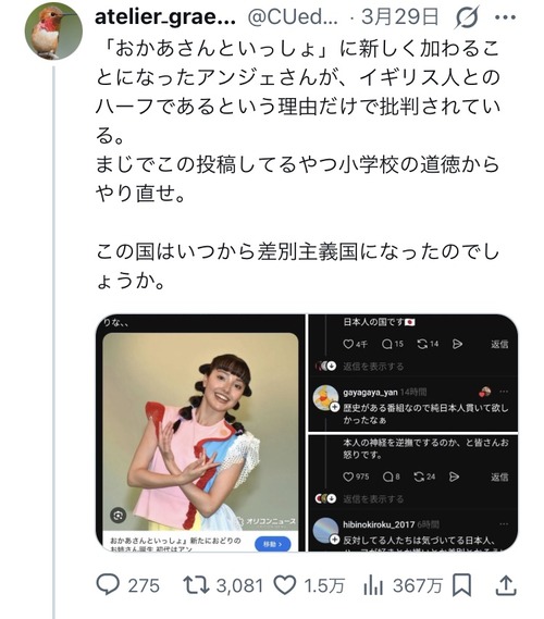 【悲報】NHKの番組、ハーフタレント起用→愛国者さんブチギレ発狂ｗｗｗｗ