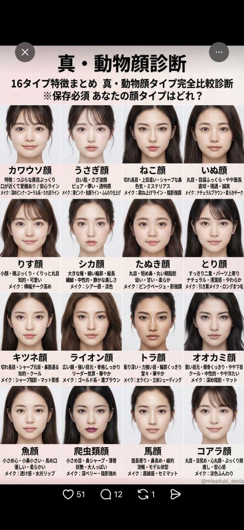 【画像】女子の「顔のタイプ」、だいたいこの16通りに落ち着くｗｗｗｗ