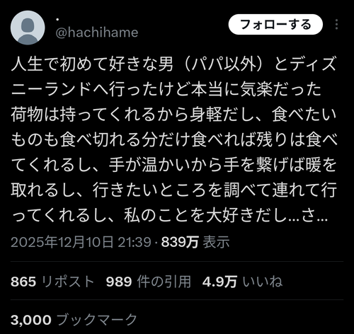 【悲報】女さん「好きな男(パパ以外)とディズニー行ったけど本当に気楽だった」→男達ブチギレｗｗｗｗ