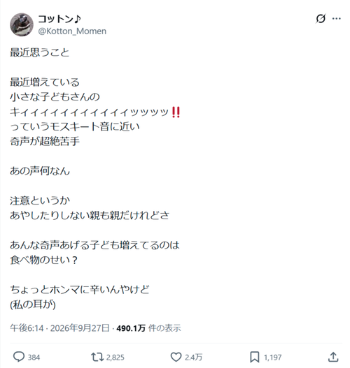 【悲報】X民「最近増えている小さな子供のｷｲｲｲｲｲｲｯﾂﾂ!!ってモスキート音に近い奇声が苦手」