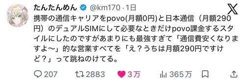 【画像】アニメアイコン「通信キャリアをpovoと日本通信のデュアルSIMにしたら最強になったんだがｗ」