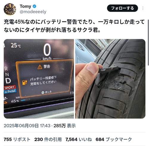 【悲報】日産EV乗り「1万キロしか乗ってないのに車が壊れたの！…え？この程度のことすら駄目なんですか？」→なぜか叩かれまくるｗｗｗｗ