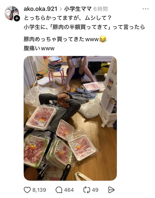 【悲報】マッマ「半額の豚肉買ってきて」息子(小6)「OK」→結果ｗｗｗｗどうすんねんこれ
