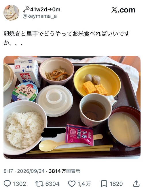 【画像】入院患者「里芋と卵焼きで飯が食えるか」ネット民「食えるぜ！」