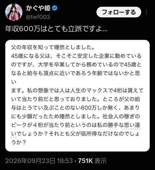 【悲報】ドパガキ「45歳の父親、年収600万しか無くて唖然とした…」←X民ブチギレｗｗｗｗ