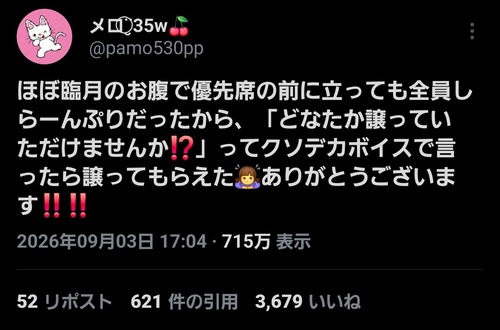 【朗報】妊婦、優先席独占してるやつらに一括「どなたか譲っていただけませんか⁉｣（クソデカボイス）