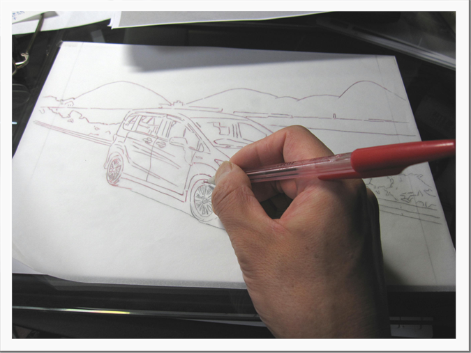 細密に車の絵を描く Step 1 色鉛筆画