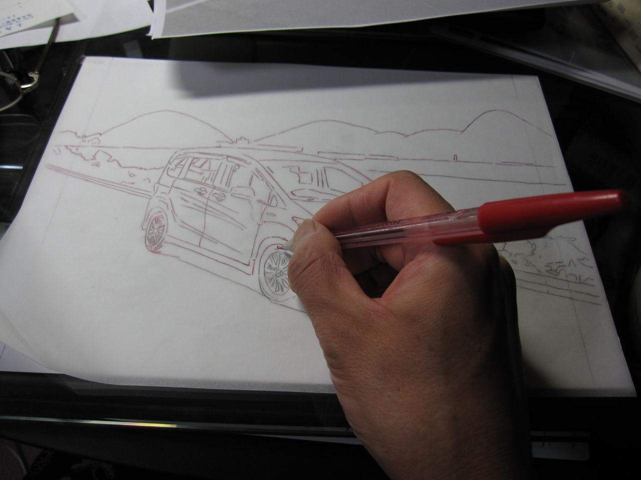 細密に車の絵を描く Step 1 色鉛筆画