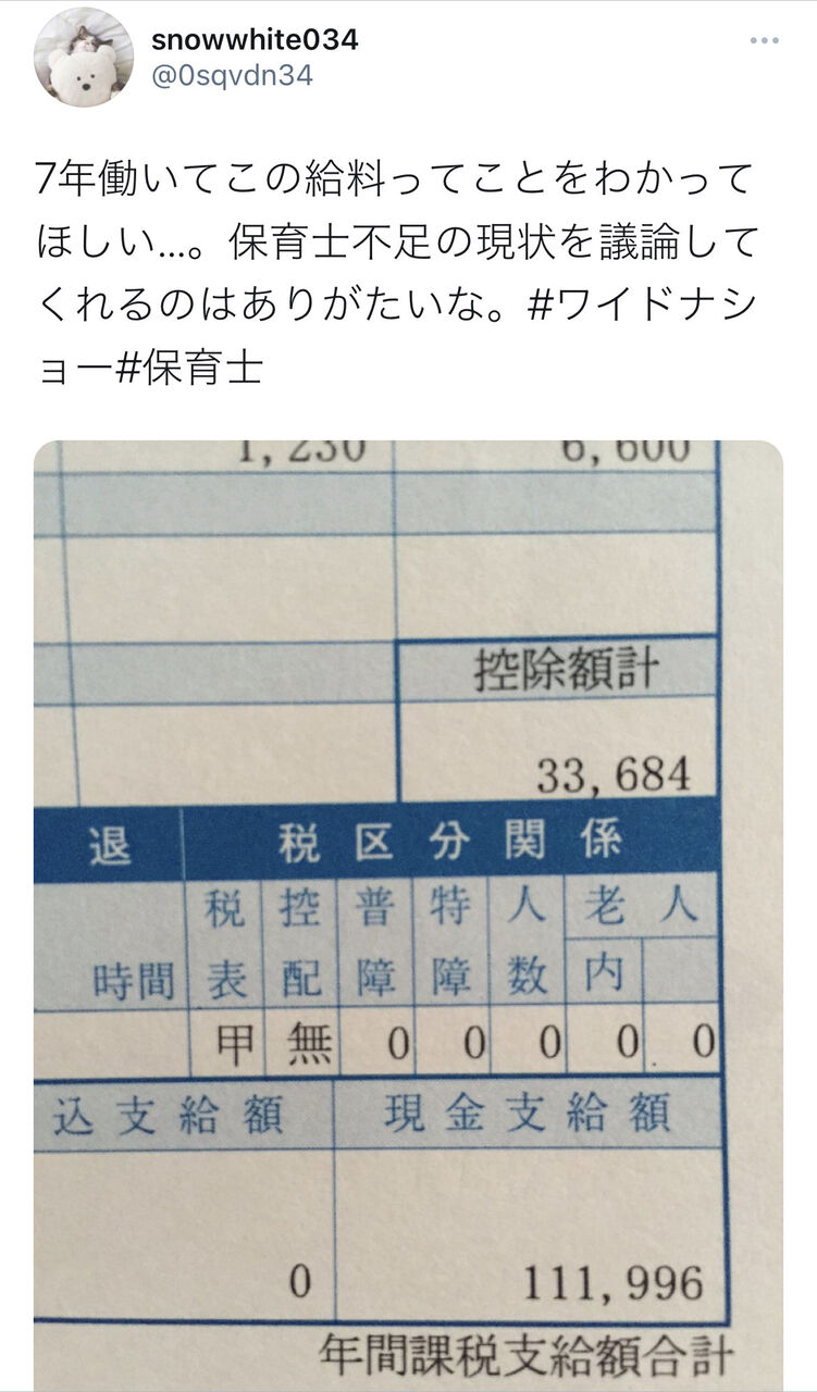 悲報 ベテラン保育士の給料明細 ガチで生活保護の方がマシだと話題に 大物youtubeｒ速報