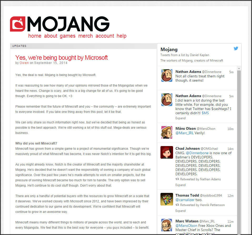 速報 マイクロソフトがmojangを買収することが正式決定 作者のnotch氏は退社 追記有り Minecraftチラシの裏