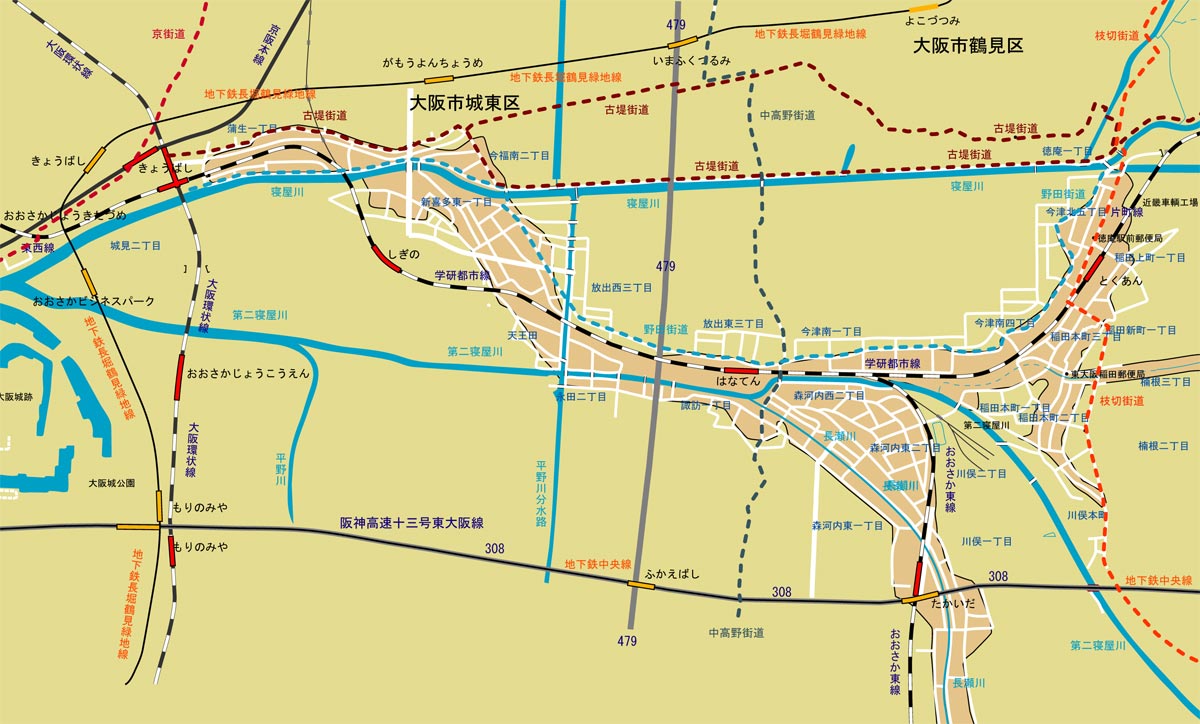 旧大和川 天井川 のイラスト地図8 大阪を歩こう