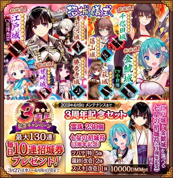 城プロre 3周年記念キャンペーン 開催 毎日 10連招城券 3周年記念 1枚プレゼント 新城娘 江戸城 金鯱城 千代田城 甘崎城 追加 銀杏 城など12体に改壱追加など 城プロre速報 城プロreまとめ 城プロre 3周年記念キャンペーン 開催 毎日 10連招城券 3周年記念 1枚プレゼント 新城娘 江戸城 金鯱城 千代田城 甘崎城 追加 銀杏 城など12体に改壱追加など 城プロre速報 城プロreまとめ