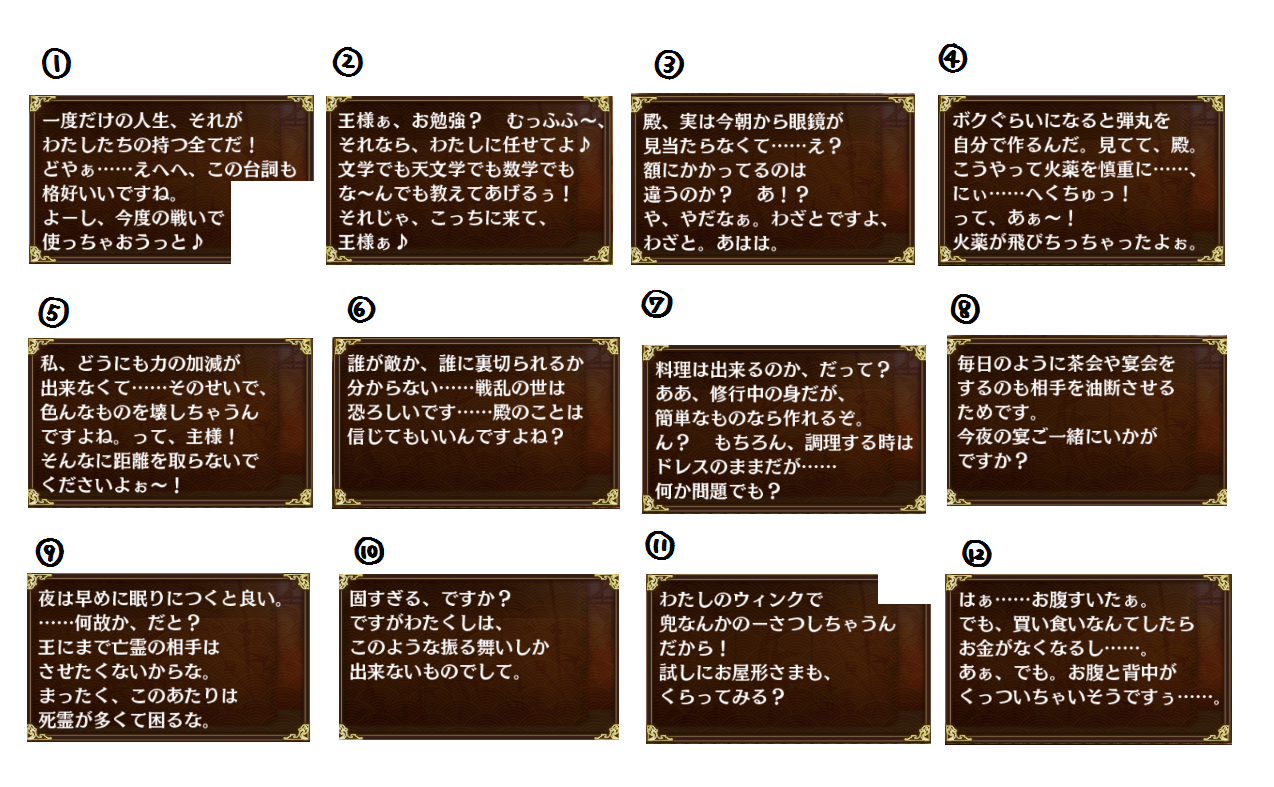 城プロre 贈り物画面のセリフ見てたら面白そうだので 誰のセリフか当てるクイズとか作ってみました おヒマならどうぞー 城プロre速報 城プロ Reまとめ