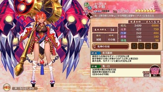 城プロ 鬼ヶ島 特技 最初から自身の与ダメ 上昇 敵を撃破する度に攻撃が10ずつ上昇 上限250 最大化時 与ダメと耐久が30 上昇 計略 30秒間対象の攻撃が2倍以下略 城プロre速報 城プロ