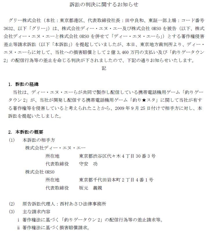 グリーが裁判で勝利 Denaが損害賠償2億3460万と 釣りゲータウン２ 配信差止め処分に 移転しました オタク Com 跡地