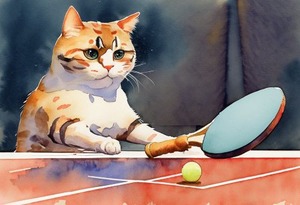 Firefly_A+cute cat playing a close game of table tennis